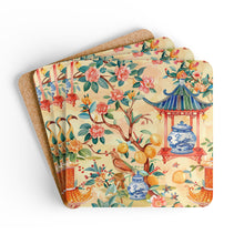 Load image into Gallery viewer, Peach Chinoiserie Corkwood Coaster Set