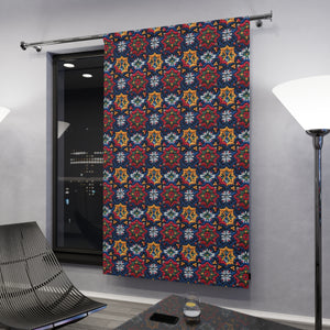 Navy Embroidery Print Blackout Curtain