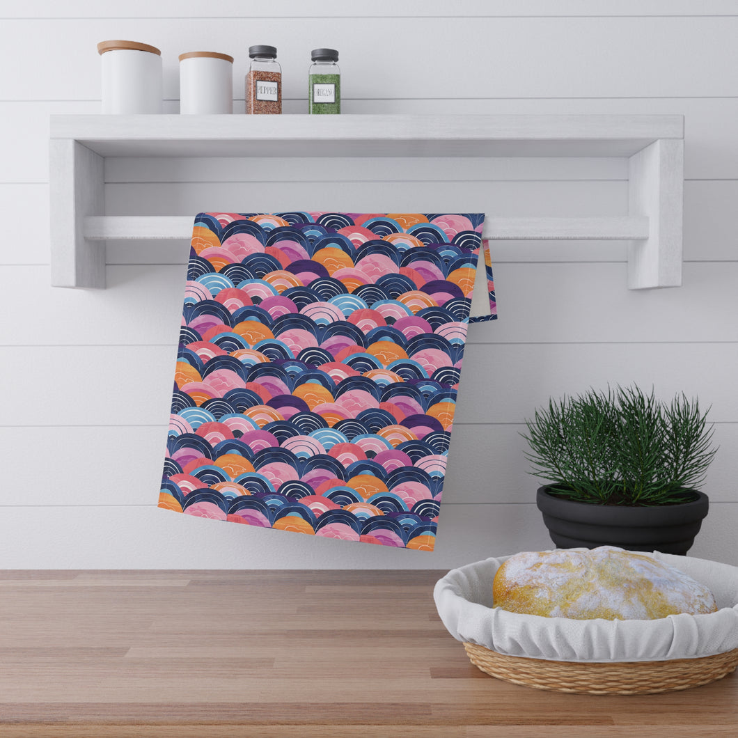 Pink Blue Waves Print Tea Towel Cotton Twill 18