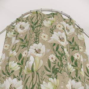 Beige White Flowers Shower Curtain