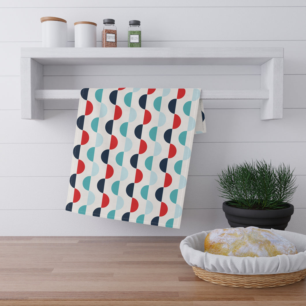 Navy Red Geometric Print Tea Towel