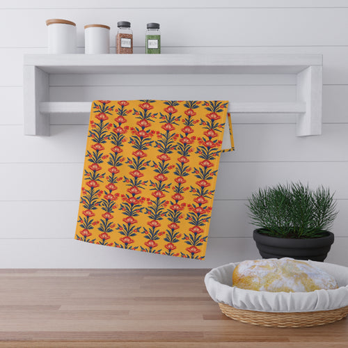 Red Blue Block Print Style Tea Towel