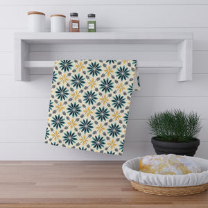 Geometric Teal Yellow Floral Print Tea Towel