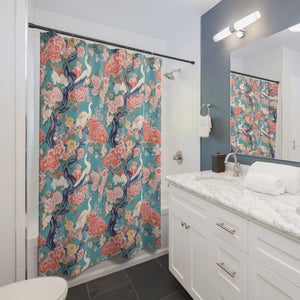 Teal Red Heron Shower Curtain