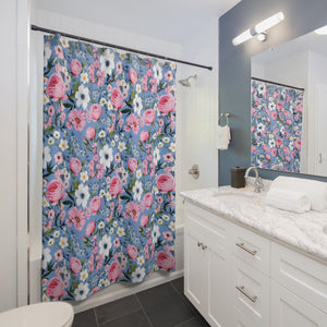Blue Pink Floral Pattern Shower Curtain