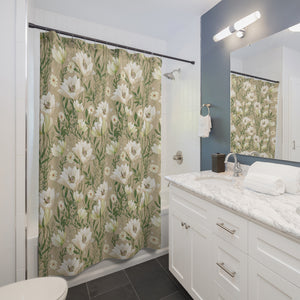 Beige White Flowers Shower Curtain