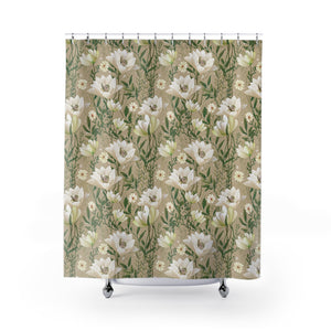 Beige White Flowers Shower Curtain