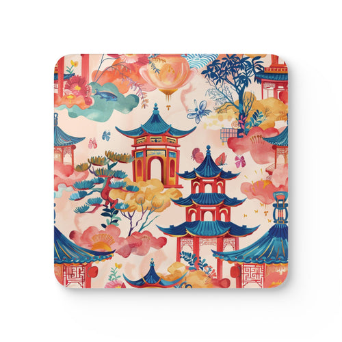 Red Blue Chinoiserie Corkwood Coaster Set
