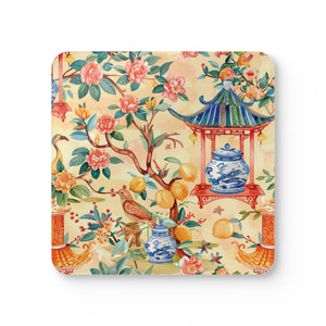 Peach Chinoiserie Corkwood Coaster Set