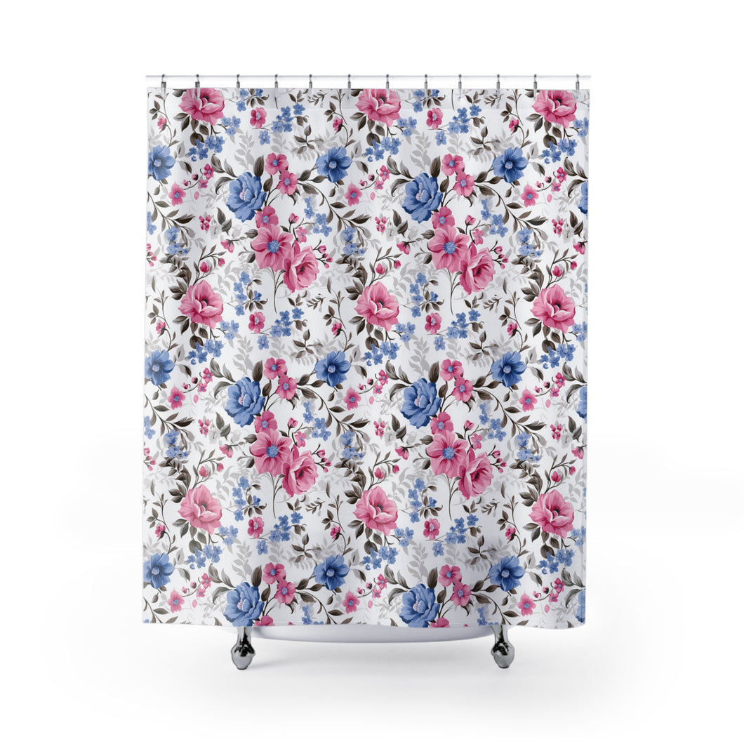 White Pink Blue Flowers Shower Curtain