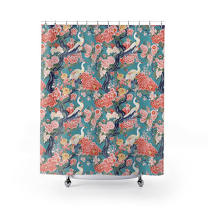 Teal Red Heron Shower Curtain
