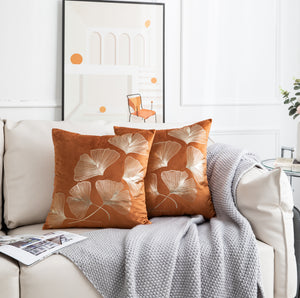 Ginkgo Tan Orange Gold Leaves Velvet Pillow Cover Set of 2