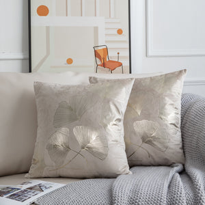 Ginkgo Beige Cream Gold Leaves Velvet Pillow Cover Set of 2