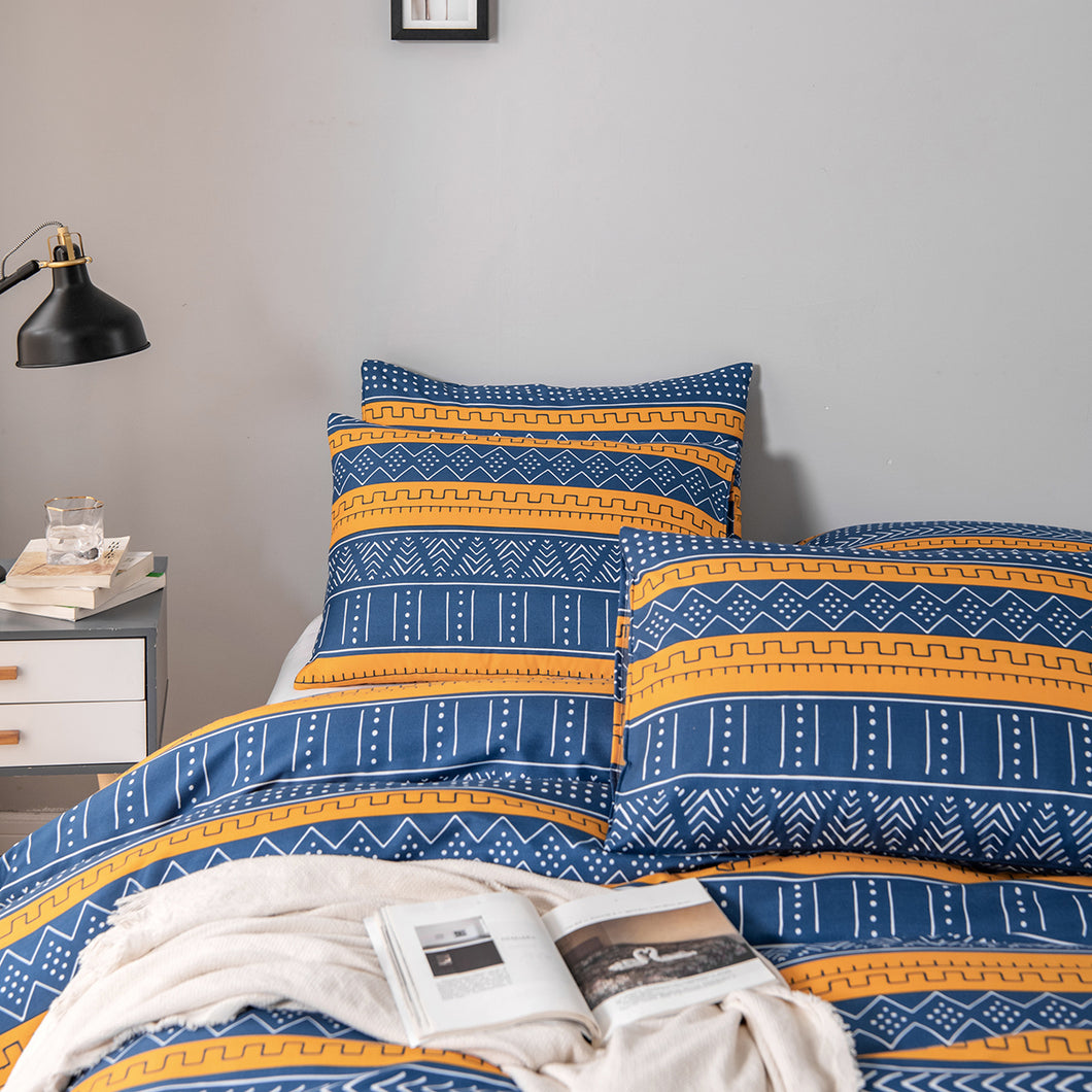 Tribal Boho Pattern Breathable Mustard Blue Microfiber Bedding Duvet Cover Set