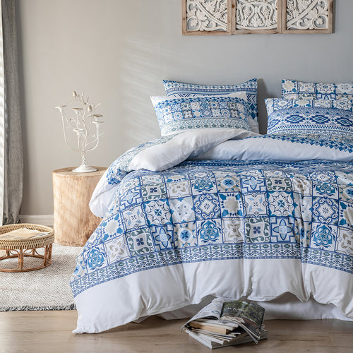 Moroccan Traditional Pattern Breathable Blue Microfiber Bedding Duvet Cover Set