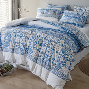 Moroccan Traditional Pattern Breathable Blue Microfiber Bedding Duvet Cover Set