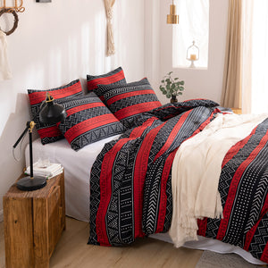 Tribal Boho Pattern Breathable Red Black Microfiber Bedding Duvet Cover Set