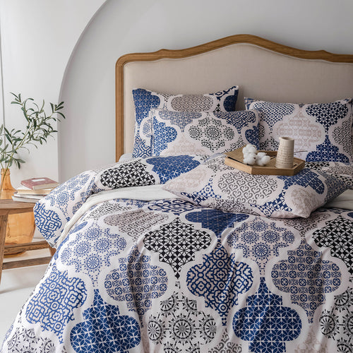 Moroccan Trellis Pattern Breathable Blue Cream Microfiber Bedding Duvet Cover Set