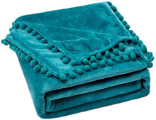 Load image into Gallery viewer, Turquoise Blue Pom Pom Throw Blanket, Plush Throw Blanket, Twin Size Bed Blanket, Large Plush Throw Blanket , Turquoise Blue Twin Throw