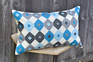 Geometric  Blue White Lumbar Pillow Cover | Diamond Embroidery Decorative Cushion Cover |  Accent Pillow Cover | Lumbar Pillow Cover 12 x 20