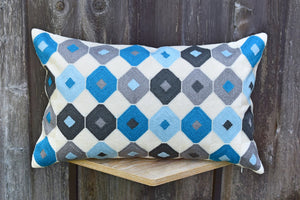 Geometric  Blue White Lumbar Pillow Cover | Diamond Embroidery Decorative Cushion Cover |  Accent Pillow Cover | Lumbar Pillow Cover 12 x 20