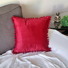 Load image into Gallery viewer, Luxury Red Velvet Throw Pillow Cover, Red Pillow Case, Velvet Pillow Cover, Decorative Velvet Pom Pom Pillow Cover, Velvet Cushion Case