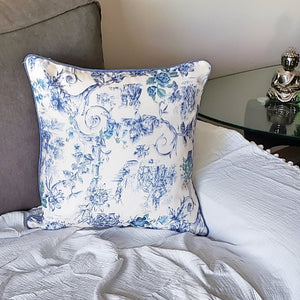 Throw Pillow Cover - Sofa Chair Blue Cream Cushion Cover - Polyester Pillow Cover - Denim Piping Decorative Pillow Cover