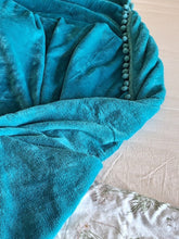 Load image into Gallery viewer, Turquoise Blue Pom Pom Throw Blanket, Plush Throw Blanket, Twin Size Bed Blanket, Large Plush Throw Blanket , Turquoise Blue Twin Throw