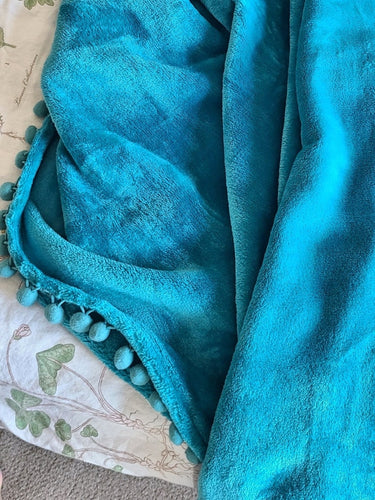 Turquoise Blue Pom Pom Throw Blanket, Plush Throw Blanket, Twin Size Bed Blanket, Large Plush Throw Blanket , Turquoise Blue Twin Throw