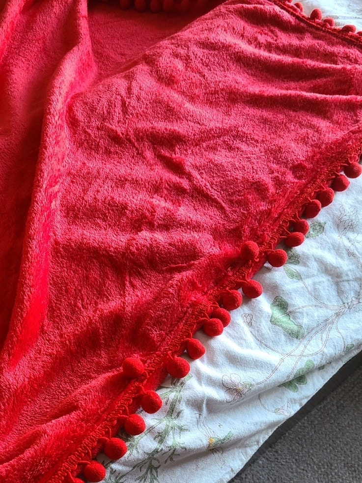 Red Pom Pom Throw Blanket, PlushThrow Blanket, Holiday Queen Twin Size Bed Blanket, Large Plush Throw Blanket, Holiday Gift