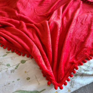 Red Pom Pom Throw Blanket, PlushThrow Blanket, Holiday Queen Twin Size Bed Blanket, Large Plush Throw Blanket, Holiday Gift