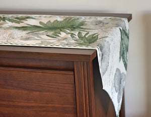 Green LeavesTable Runner - Dining Table Runner Tablecloth - Fringe Tassels Tropical Contemporary Console Table Runner