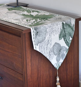 Green LeavesTable Runner - Dining Table Runner Tablecloth - Fringe Tassels Tropical Contemporary Console Table Runner