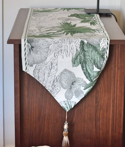 Green LeavesTable Runner - Dining Table Runner Tablecloth - Fringe Tassels Tropical Contemporary Console Table Runner
