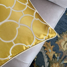Load image into Gallery viewer, Mustard Trellis Pattern Satin Throw Pillow Cover | Sofa Chair  embroidery Cushion Cover | Decorative Durable Mustard Yellow Pillow